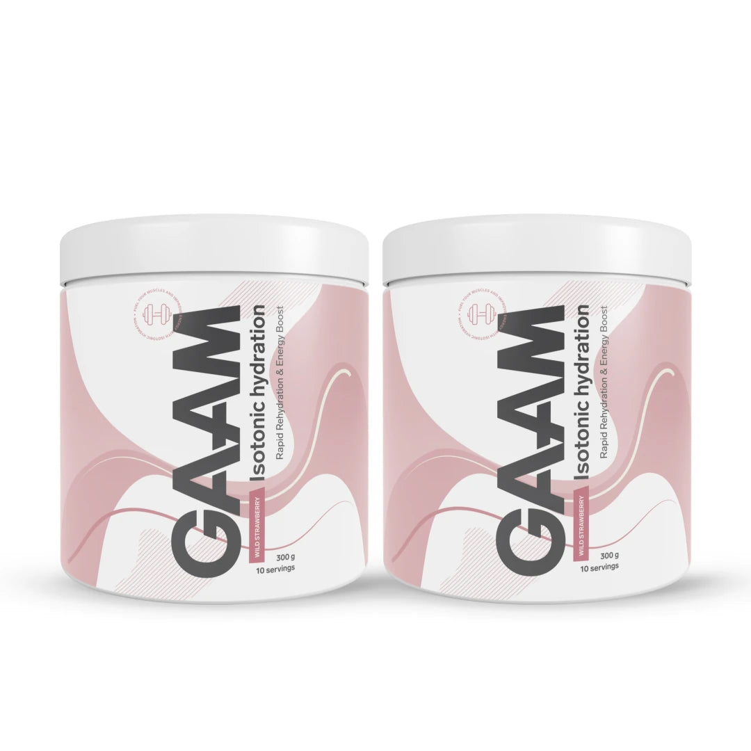 2 x GAAM Isotonic Hydration 300 g kahdessa valkoisessa purkissa pinkeillä yksityiskohdilla, makuna Wild Strawberry.