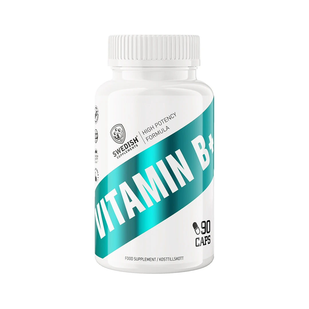 Swedish Supplements Vitamin B+ 90 caps -ravintolisä valkoisessa purkissa turkooseilla yksityiskohdilla.