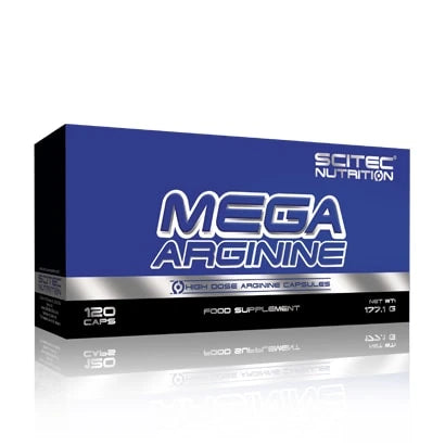 Scitec Nutrition Mega Arginine 120 caps -aminohappolisä sinimustassa pakkauksessa hopeisilla yksityiskohdilla.