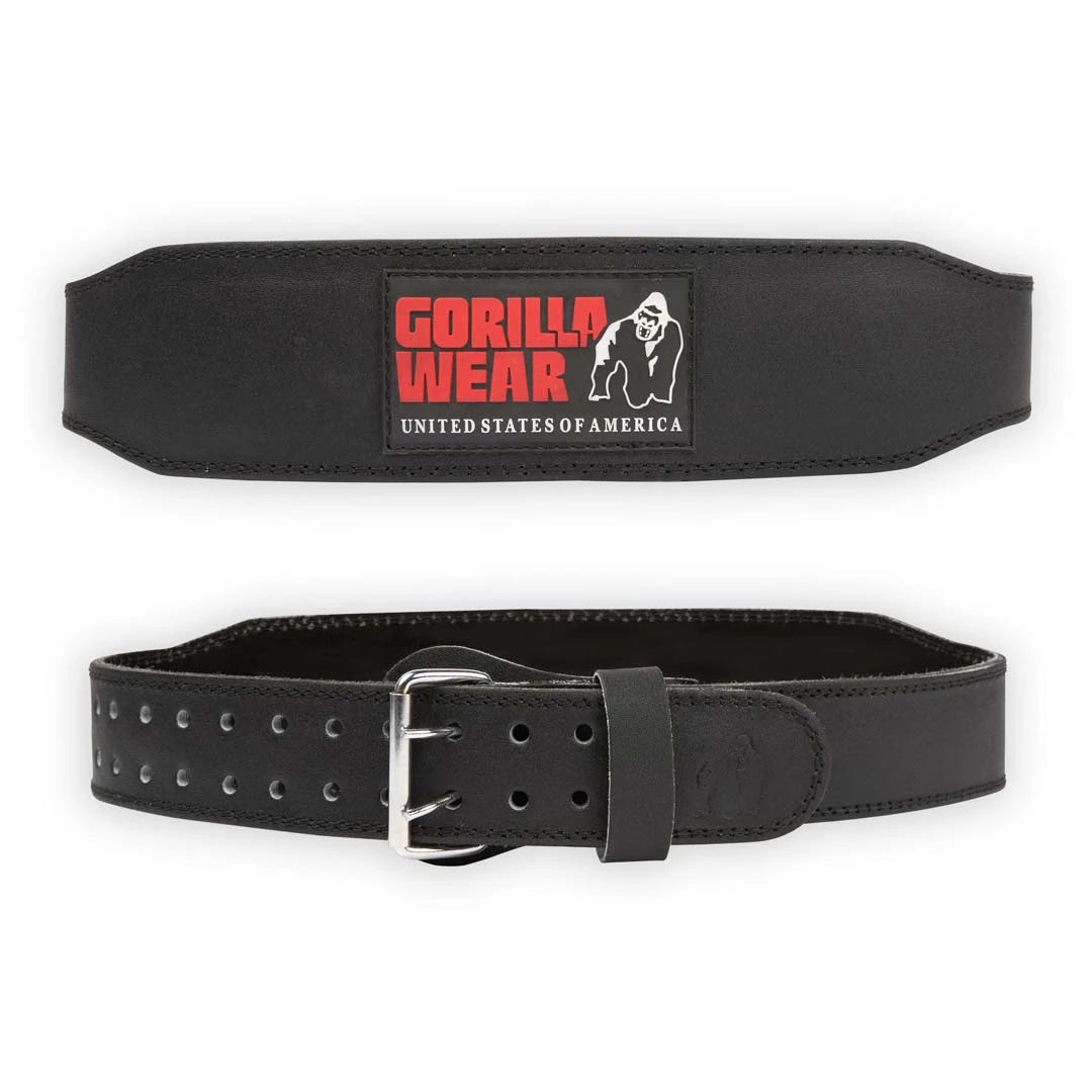 Musta Gorilla Wear 4 Inch Padded Leather Belt Black/Red -nahkavyö terässoljella ja punaisella logolla.