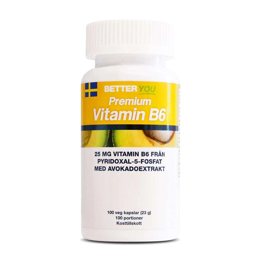 Valkoinen Better You Premium Vitamin B6 100 caps -purkki, jonka keltavalkoisessa etiketissä on avokadokuvio.