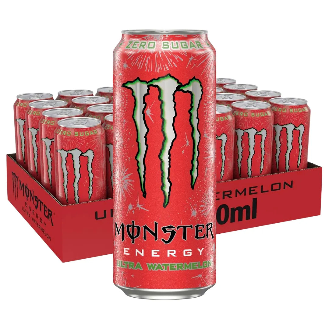 24 x Monster Energy 500 ml Ultra Watermelon (sokeriton) punaisessa laatikossa olevat punaiset tölkit.