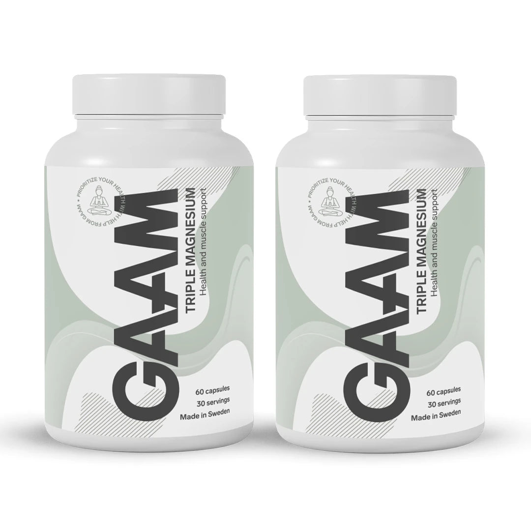 2 x GAAM Triple Magnesium 60 caps kahdessa valkoisessa purkissa vaaleanvihreillä yksityiskohdilla ja mustalla tekstillä.