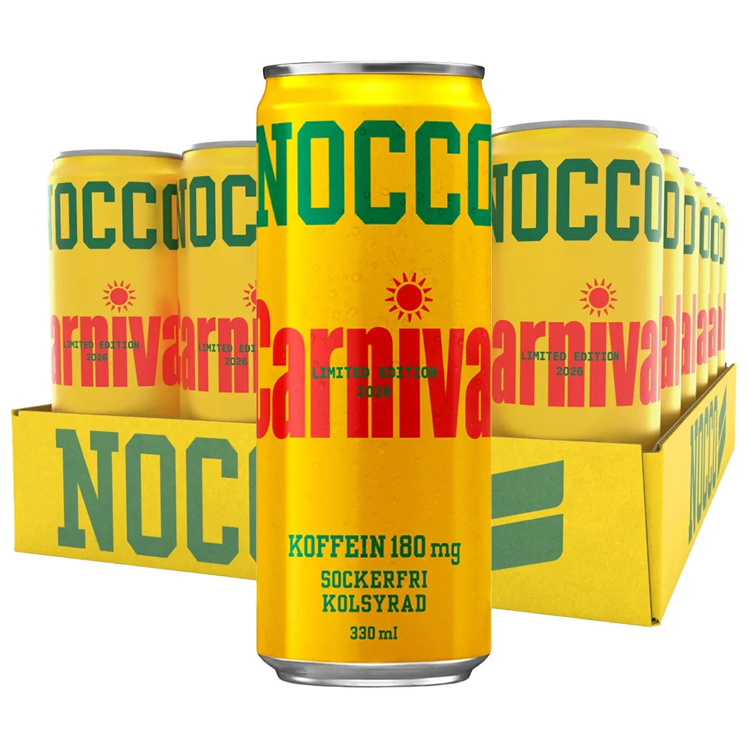 24 x NOCCO BCAA 330 ml Carnival -laatikko täynnä keltaisia energiajuomatölkkejä punavihreällä tekstillä.