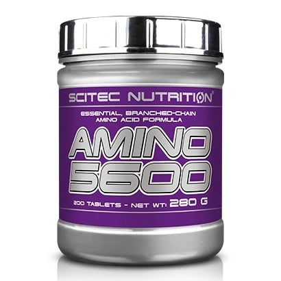 Scitec Nutrition Amino 5600 500 tabs -aminohappotabletteja hopeisessa purkissa violetilla etiketillä.