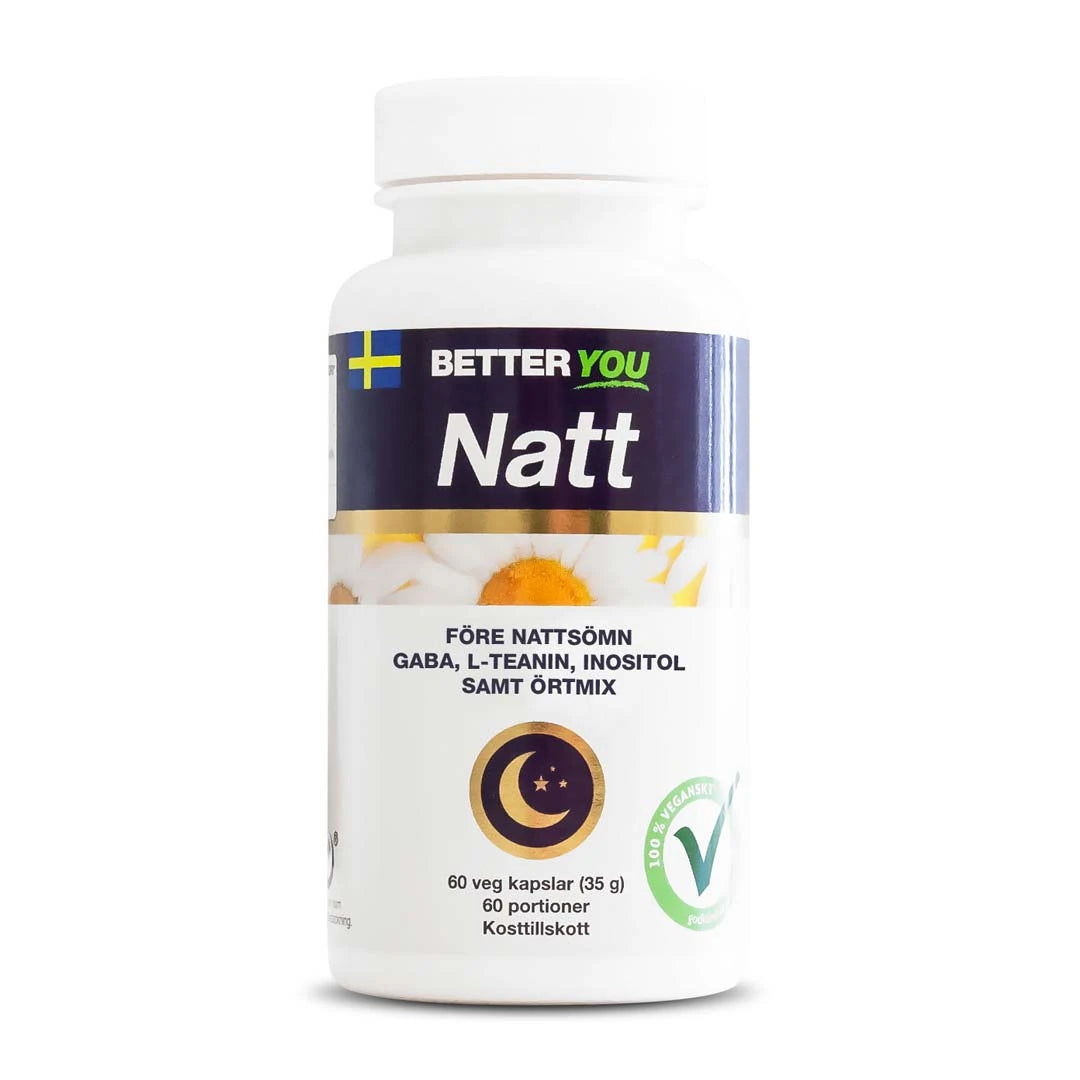 Better You Natt 60 caps -ravintolisä yöuneen valkoisessa purkissa sinisillä yksityiskohdilla.