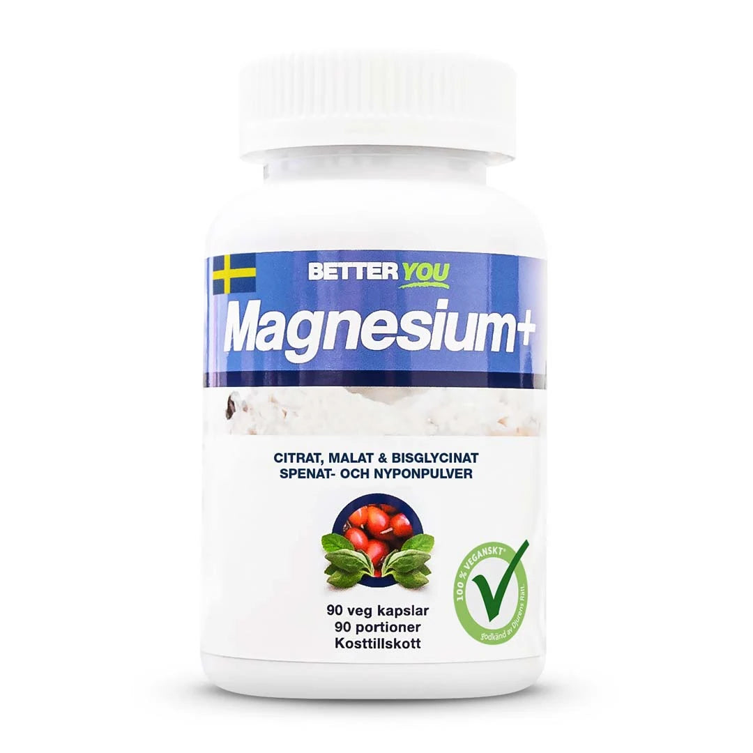 Better You Magnesium Plus 90 caps -ravintolisä valkoisessa purkissa sinivalkoisella etiketillä ja vegaanilogolla.