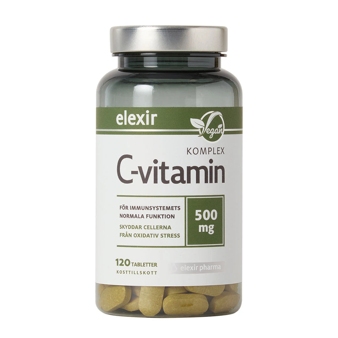 Elexir Pharma C-Vitamin Komplex 120 tabs, vegaaniset vitamiinit tummassa purkissa valkoisella etiketillä ja hopeakannella.