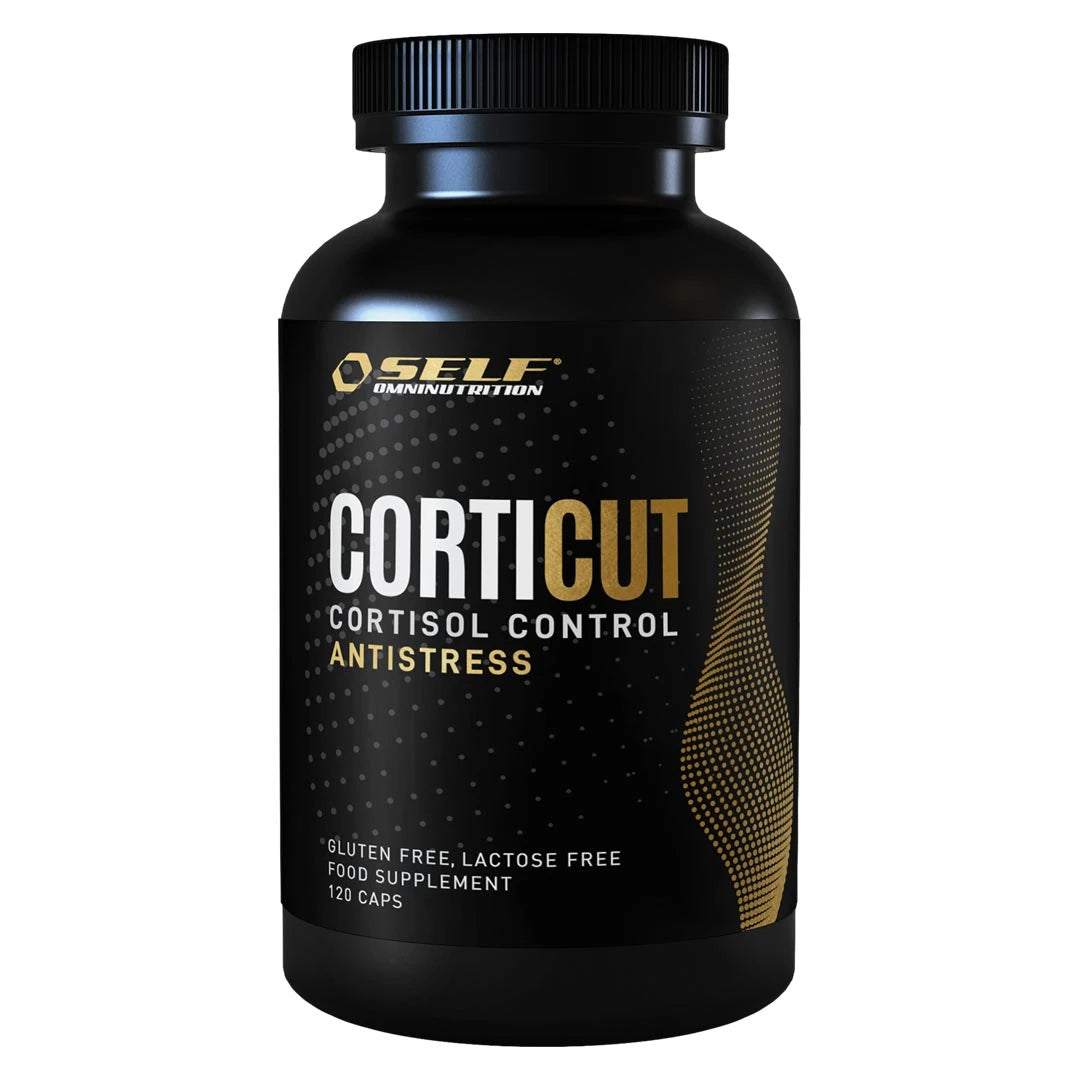 Self Omninutrition Corticut 120 caps -ravintolisä mustassa purkissa valkoisella tekstillä ja kultaisilla yksityiskohdilla.