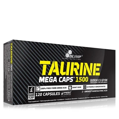 Olimp Taurine Mega caps 120 caps -aminohappolisä mustassa pahvipakkauksessa keltaisilla ja valkoisilla yksityiskohdilla.