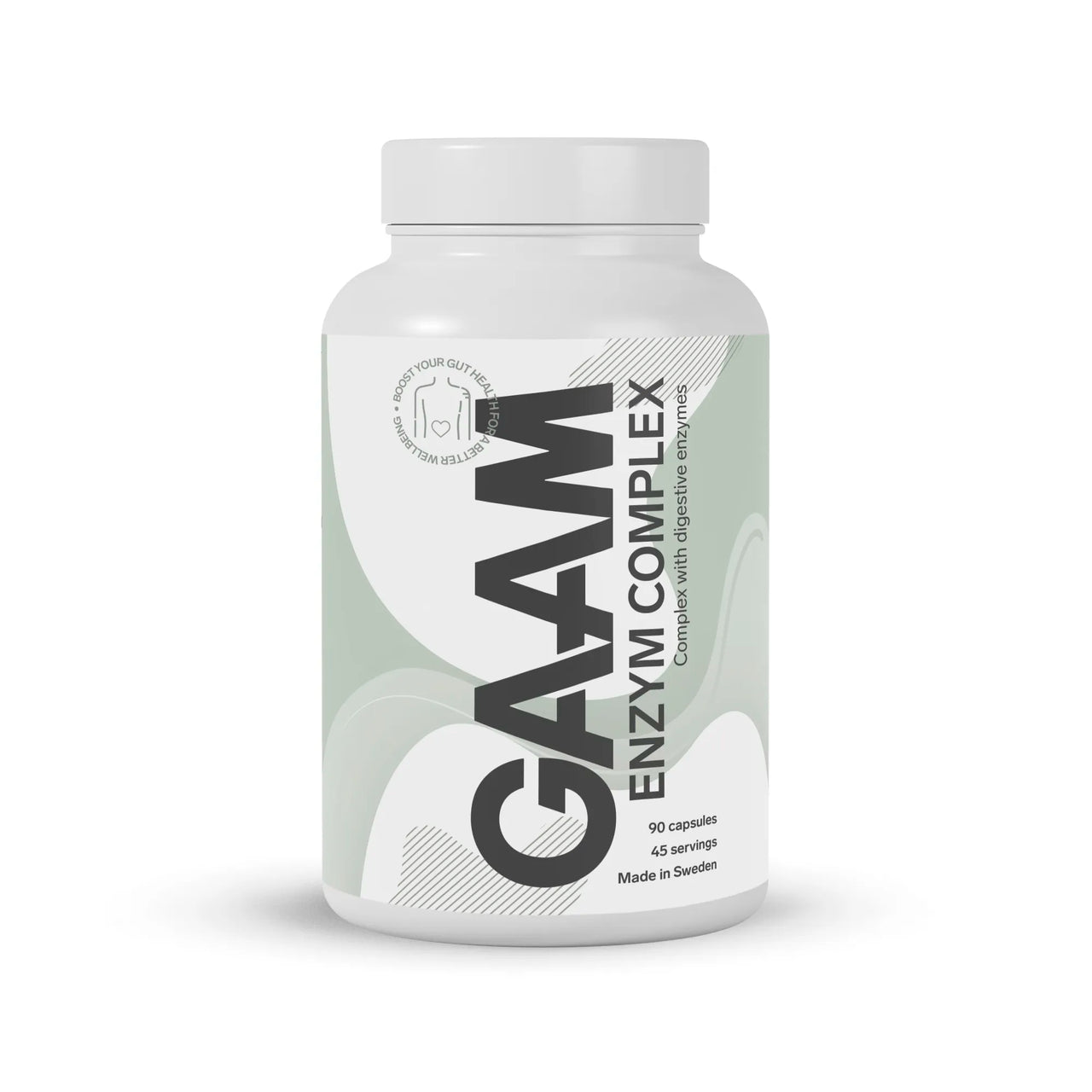 GAAM Enzym Complex 90 caps -ravintolisä vatsan terveydelle valkoisessa purkissa vihreillä ja harmailla yksityiskohdilla.