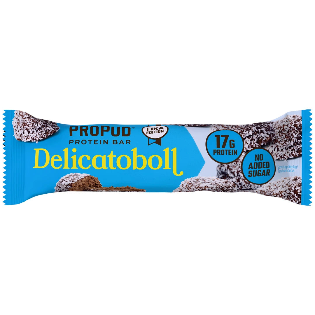 NJIE ProPud Proteinbar 55 g vaaleansinisessä pakkauksessa, jossa on suklaapalloja, makuna Delicatoboll., kuva 3/8