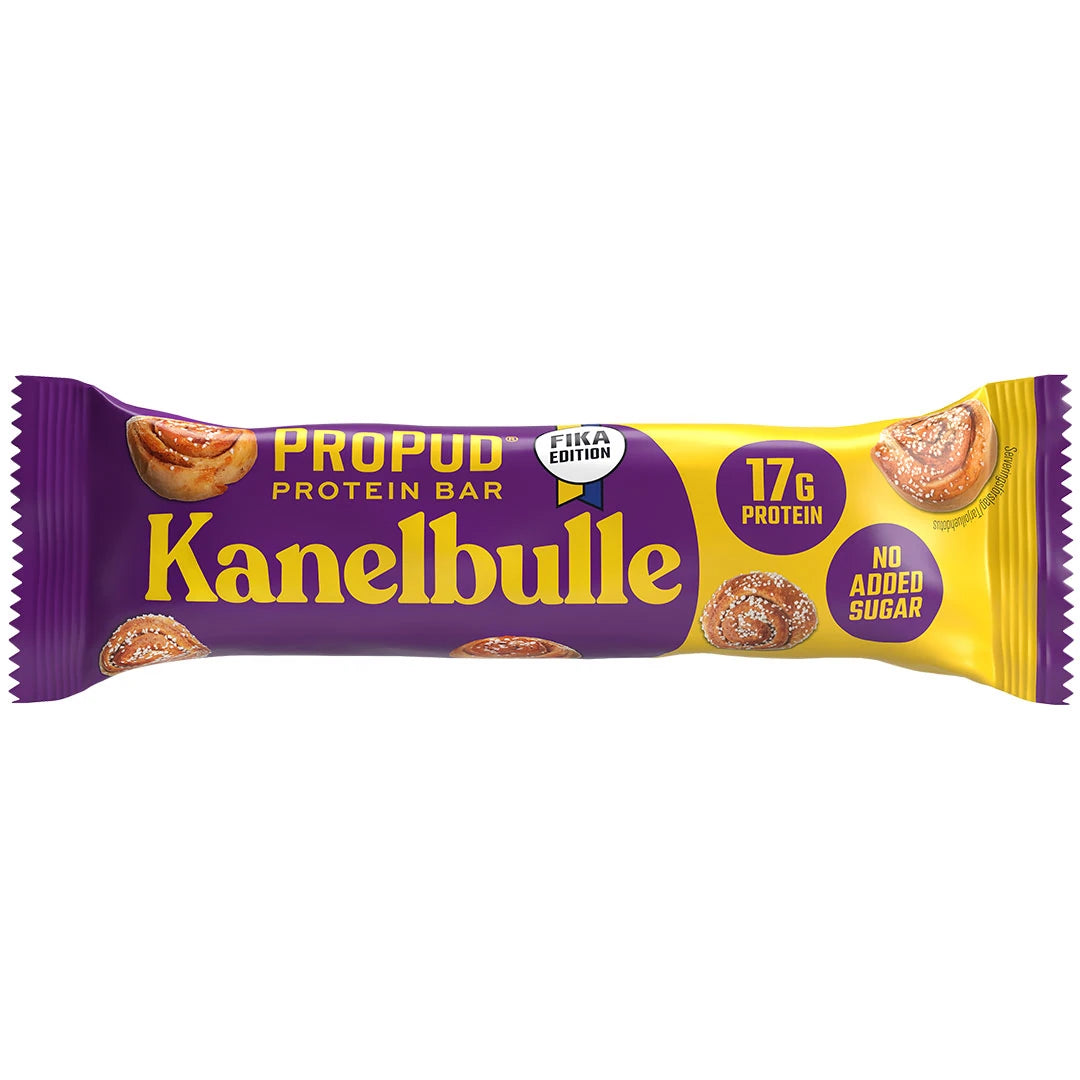NJIE ProPud Proteinbar 55 g violetti-keltaisessa pakkauksessa, makuna Kanelbulle., kuva 5/8