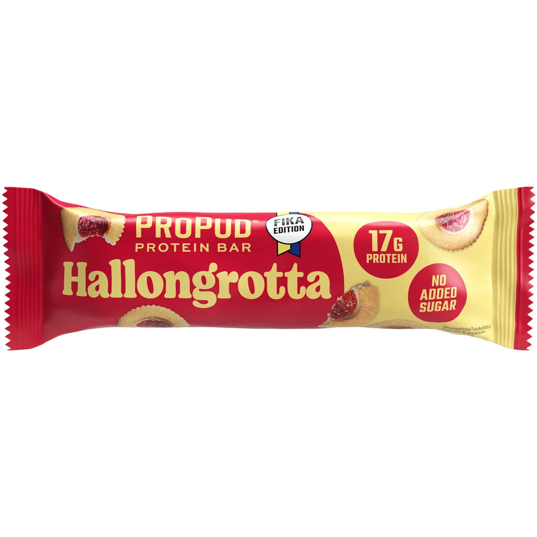 NJIE ProPud Proteinbar 55 g puna-keltaisessa pakkauksessa, makuna Hallongrotta., kuva 7/8