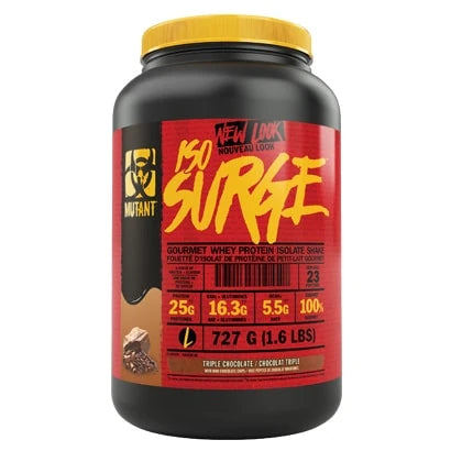 Mutant Nutrition ISO Surge 2.27 kg -proteiinijauhe mustassa purkissa, jossa on keltainen kansi ja punainen etiketti.