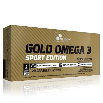 Olimp Gold Omega-3 Sport Edition 120 caps suorakulmaisessa kullanvärisessä rasiassa mustilla yksityiskohdilla.