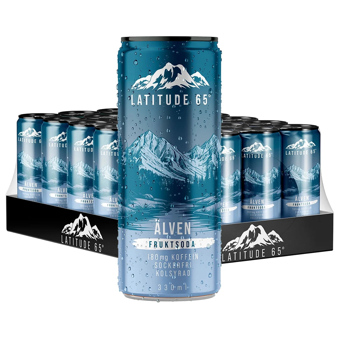 24 x Latitude 65 330 ml Älven - Fruktsoda mustassa laatikossa, jossa on huurteisia sinisiä tölkkejä ja tunturikuvio.