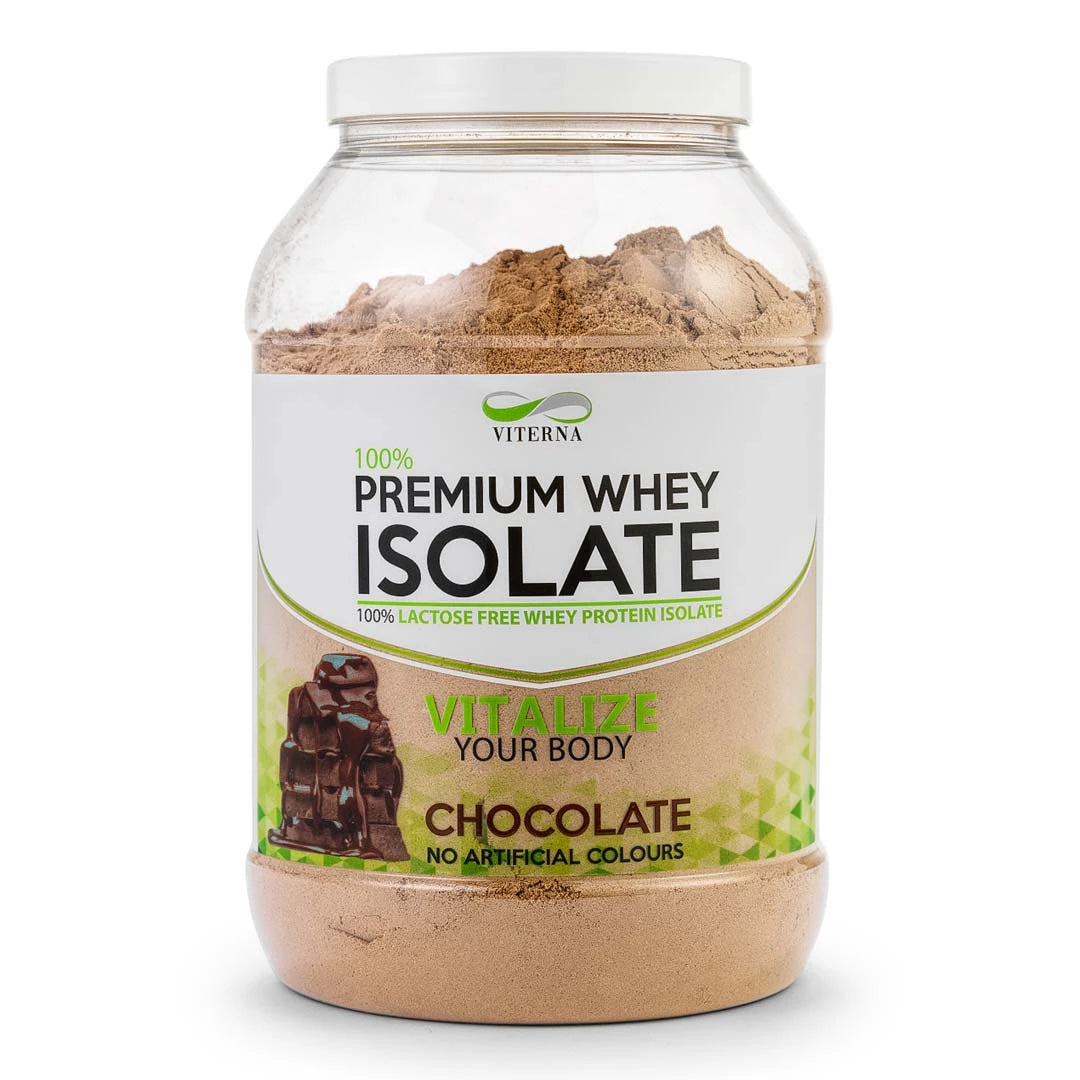Viterna 100% Premium Whey Isolate 2 kg -proteiinijauhe läpinäkyvässä purkissa vihreävalkoisella etiketillä, maku Chocolate., kuva 1/3