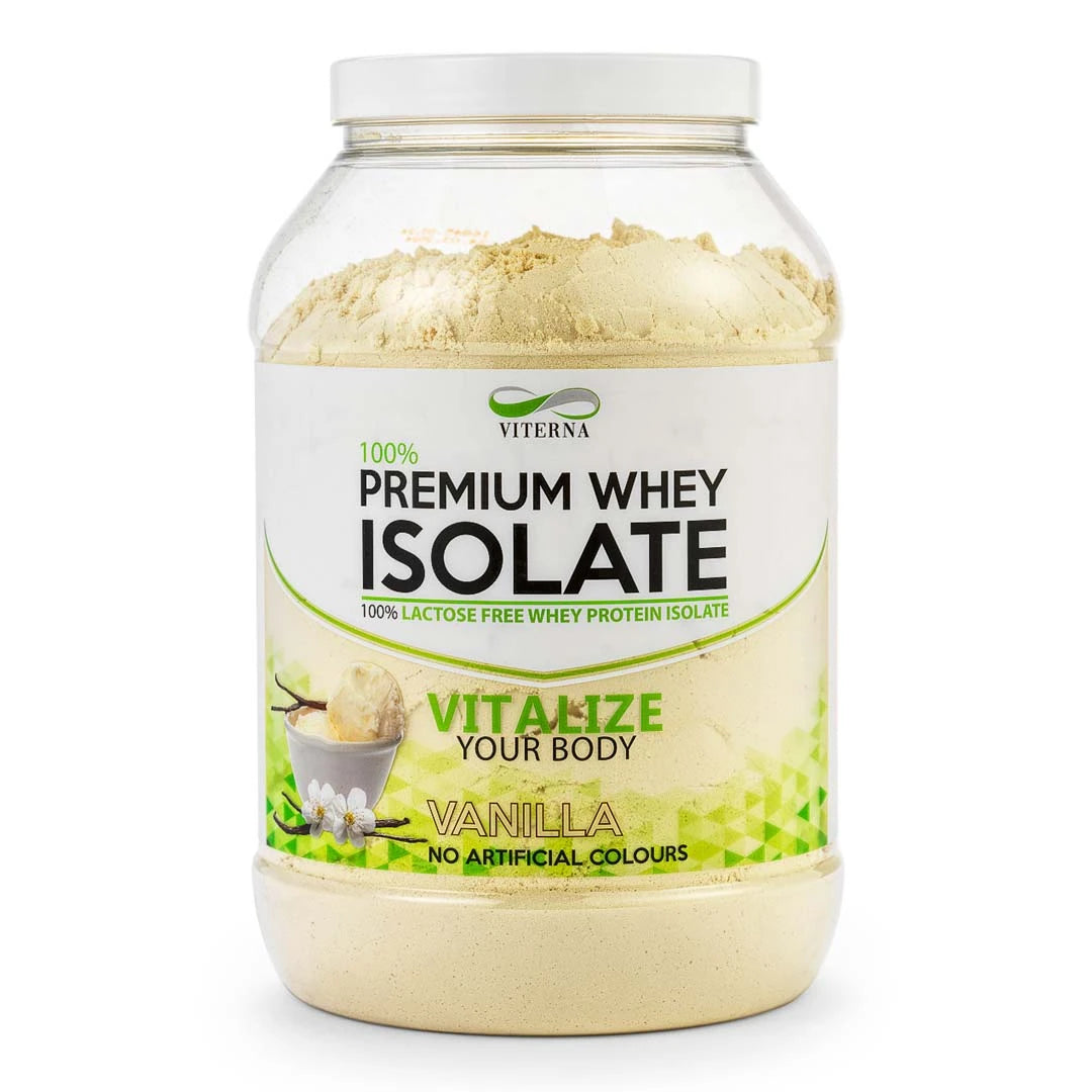 Viterna 100% Premium Whey Isolate 2 kg läpinäkyvässä purkissa, jossa on valkoinen etiketti, makuna Vanilla., kuva 3/3