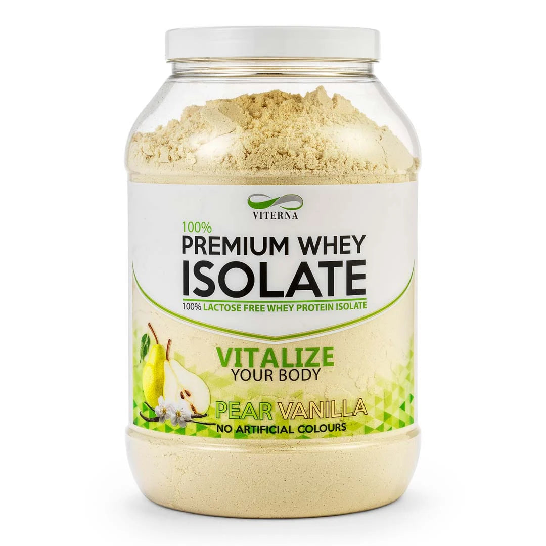 Viterna 100% Premium Whey Isolate 2 kg -proteiinijauhe läpinäkyvässä purkissa valkoisella etiketillä, makuna Pear Vanilla.