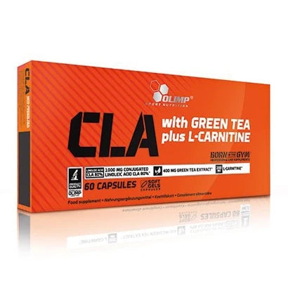 Olimp CLA & Green Tea + L-carnitine 60 caps -rasvanpolttaja oranssivalkoisessa pakkauksessa.