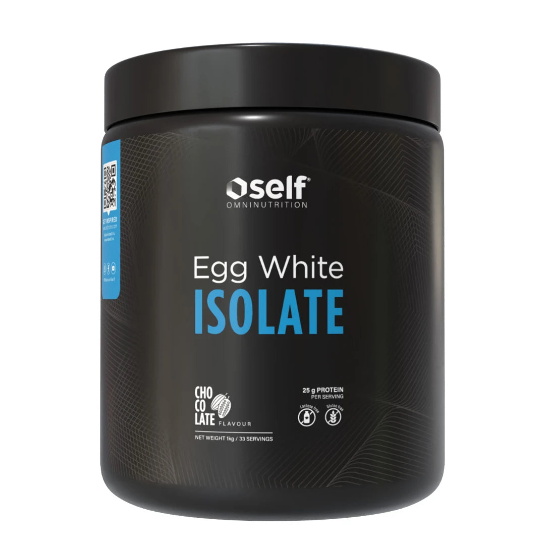Self Omninutrition Egg White Isolate 1 kg -proteiinijauhe mustassa purkissa sinisin ja valkoisin yksityiskohdin, makuna Chocolate.