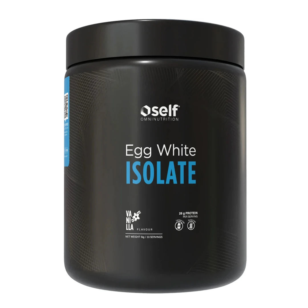 Self Omninutrition Egg White Isolate 1 kg -proteiinijauhe mustassa purkissa sinisin yksityiskohdin, makuna Vanilla.
