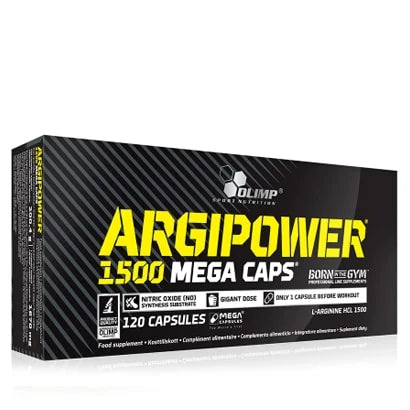 Olimp ArgiPower 1500 Mega caps 120 caps l-arginiinia mustassa kartonkipakkauksessa keltaisella tekstillä.