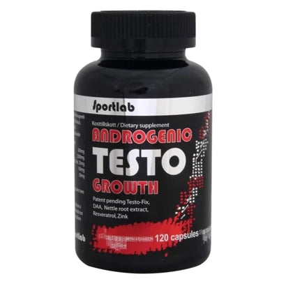 Sportlab Androgenic Testo Growth 120 caps mustassa purkissa punavalkoisella tekstillä lisäämään testosteronintuotantoa.