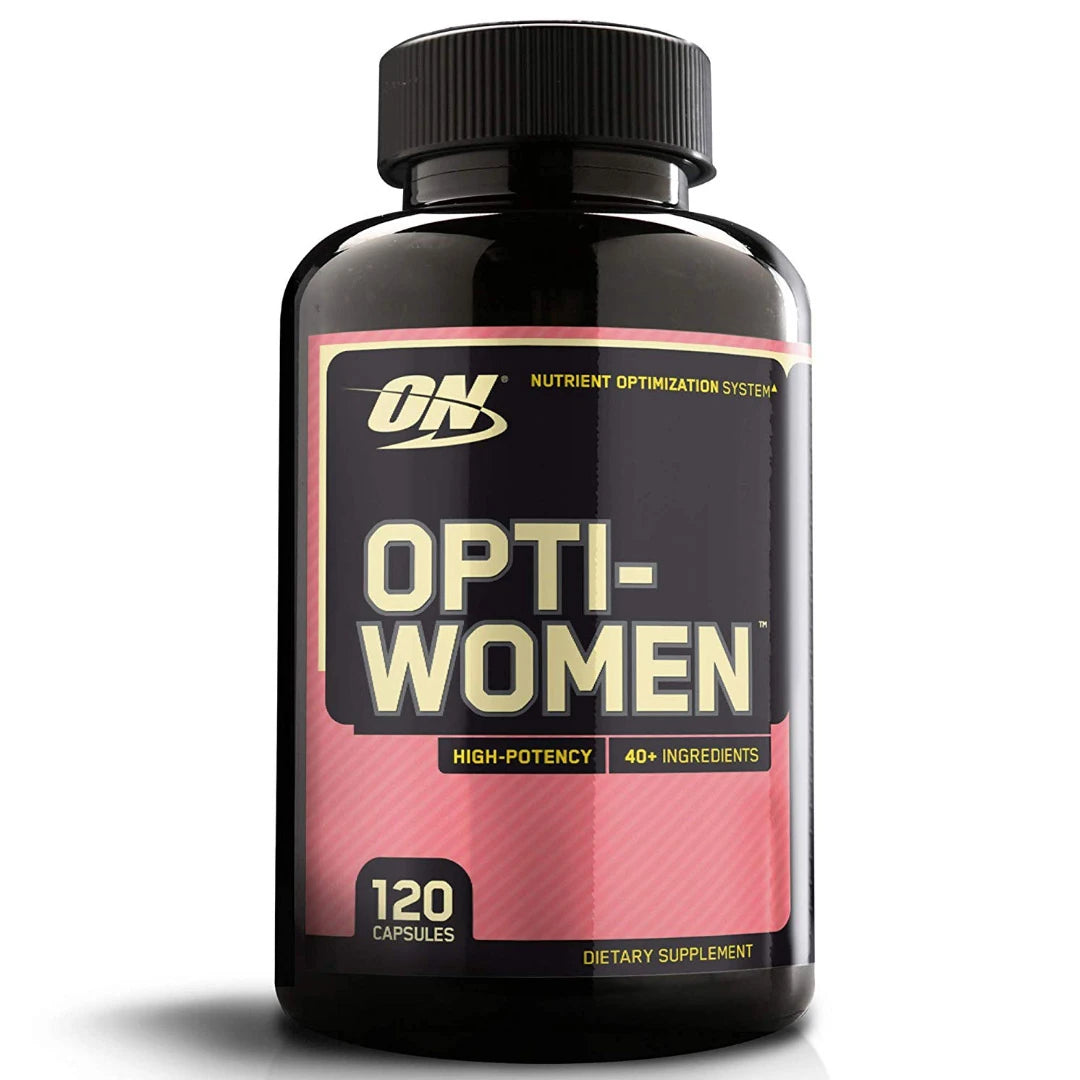 Optimum Nutrition Opti-Women 120 tabs -naisten monivitamiini mustassa purkissa, jossa on pinkki ja valkoinen etiketti.