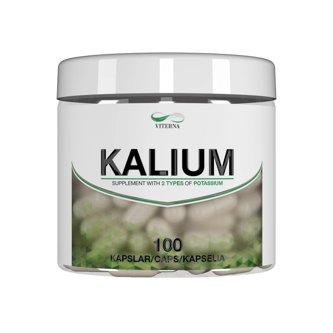 Viterna Kalium 100 caps valkoisessa purkissa, ravintolisä normaaliin lihasten ja hermoston toimintaan.