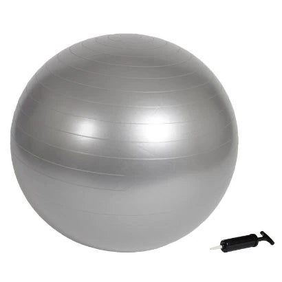 Hopeanvärinen Virtufit Gym Ball + Pump 85 cm -jumppapallo PVC-materiaalia ja musta pumppu.