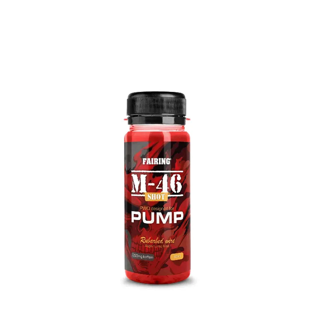 Fairing M-46 Shot 60 ml PWO pienessä punamustassa muovipullossa, jossa on musta korkki ja teksti PUMP.