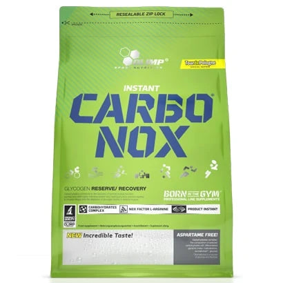 Olimp Carbo NOX 1 kg -hiilihydraattijauhe vaaleanvihreässä pussissa, jossa on iso sininen teksti.