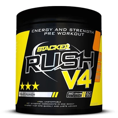 Stacker2 Rush V4 360 g pre-workout -jauhe mustassa purkissa keltaisilla yksityiskohdilla, makuna Fruit Punch.