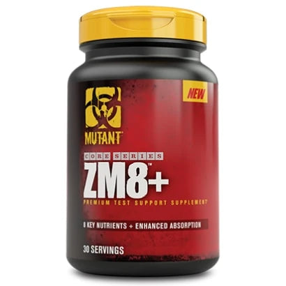 Mutant Nutrition ZM8+ 90 caps ZMA-ravintolisä mustassa purkissa, jossa on keltainen kansi ja punainen etiketti.