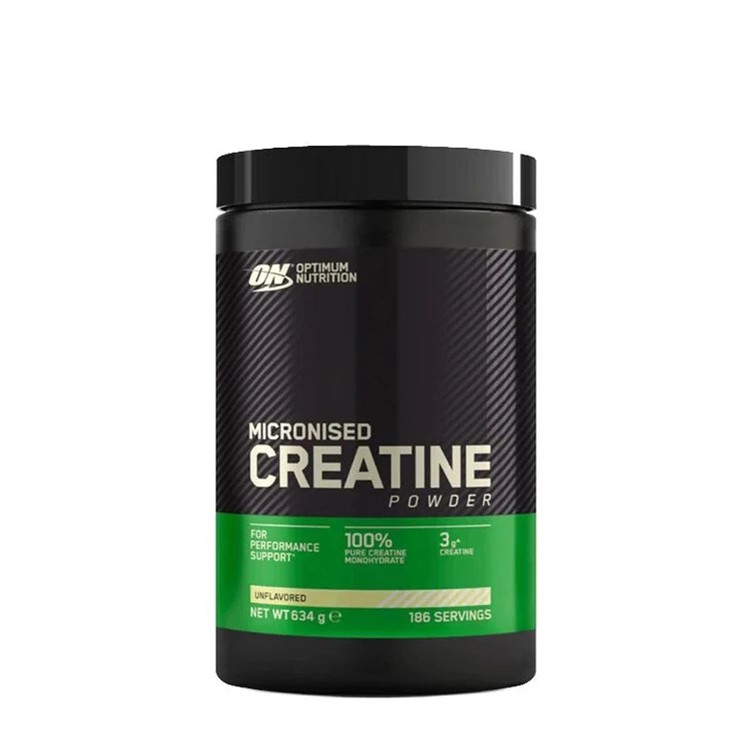 Optimum Nutrition Creatine Powder 634 g mustassa purkissa vihreillä yksityiskohdilla.