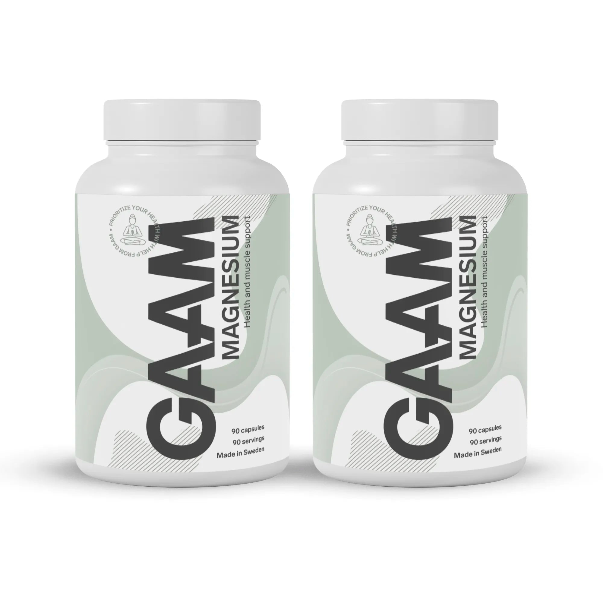 2 x GAAM Magnesium 90 caps valkoisissa purkeissa, joissa on vaaleanvihreitä ja mustia yksityiskohtia.