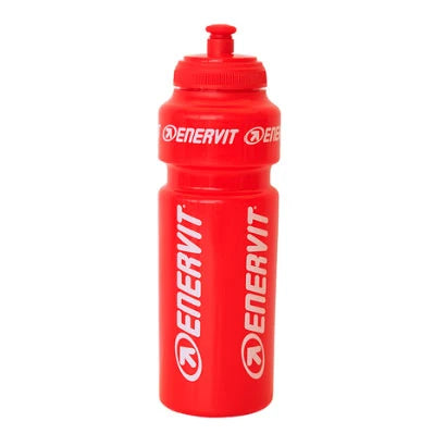 Punainen, urheilullinen Enervit Vattenflaska 750 ml -juomapullo valkoisilla logoilla ja kätevällä korkilla.
