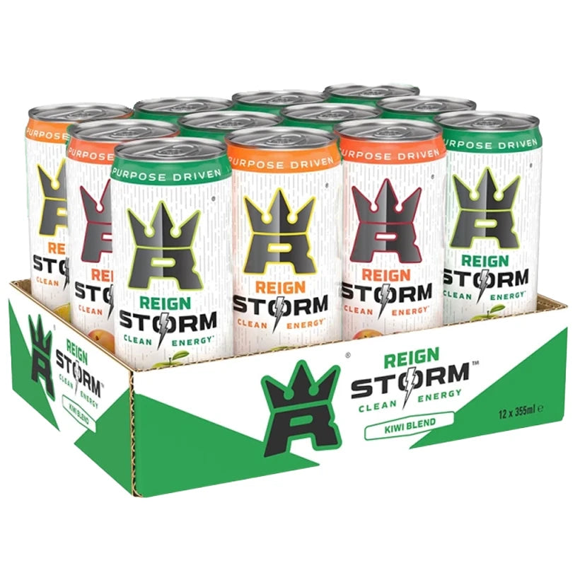 12 x Reign Storm Energy 355 ml Mixflak vihreä-valkoisessa pahvialustassa, jossa on erivärisiä tölkkejä eri mauilla.