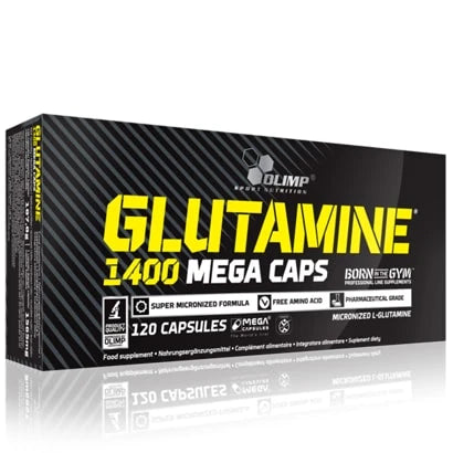 Olimp Glutamine 1400 Mega caps 120 caps -aminohappokapselit mustassa pakkauksessa, jossa on keltainen teksti.
