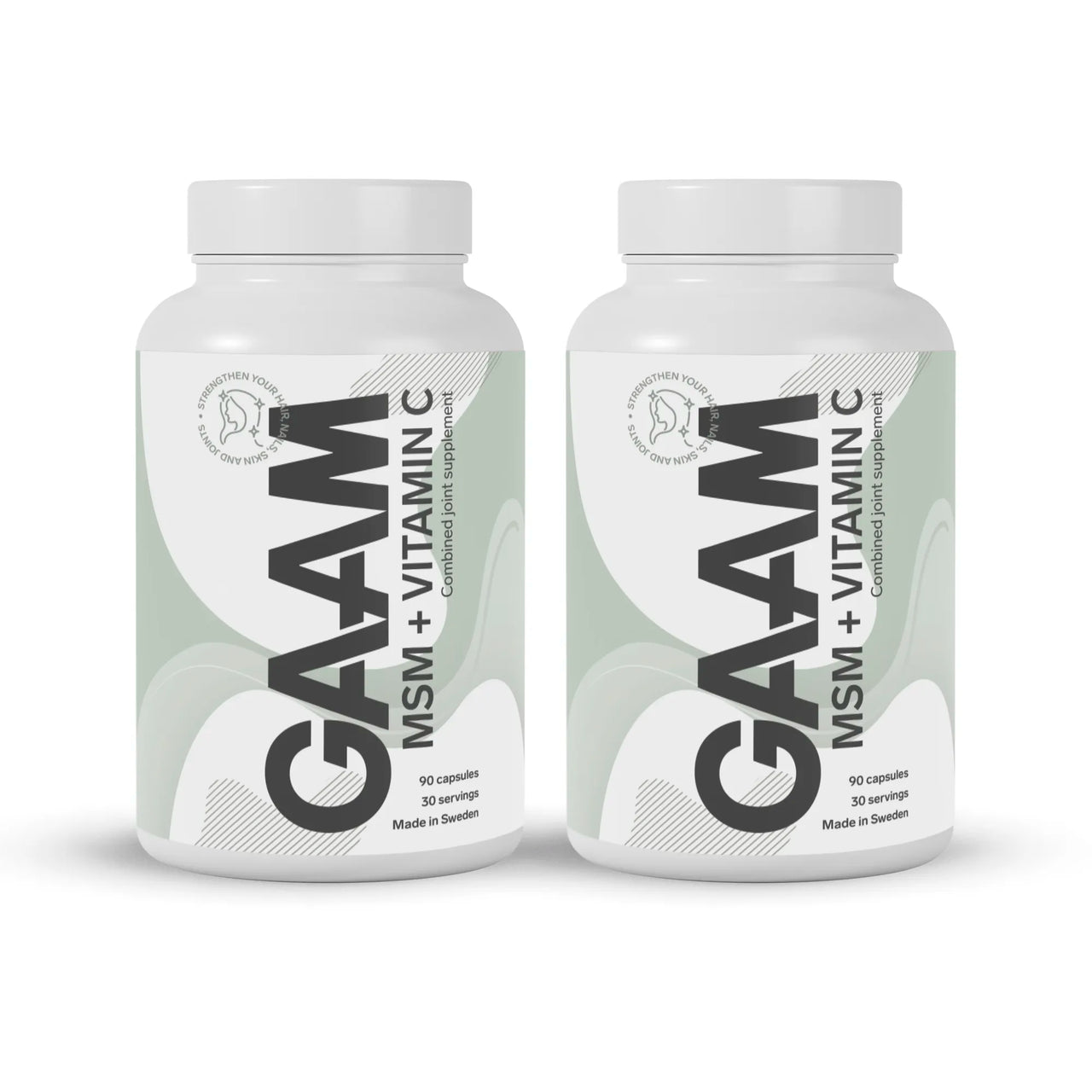 2 x GAAM MSM + Vitamin C 90 caps kahdessa valkoisessa purkissa vaaleanvihreillä ja tummanharmailla yksityiskohdilla.