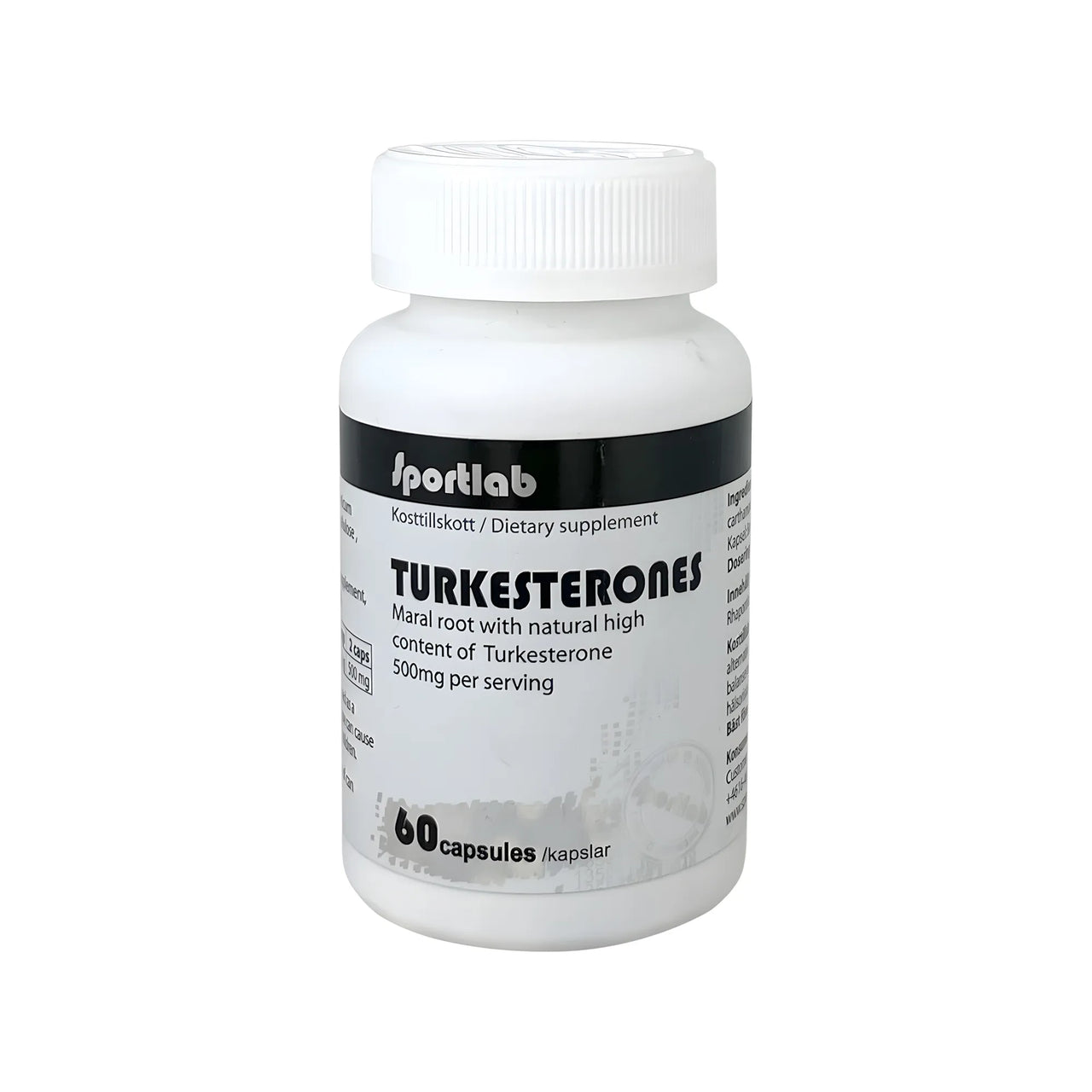 Sportlab Turkesterone 60 caps -ravintolisä valkoisessa purkissa mustilla yksityiskohdilla.