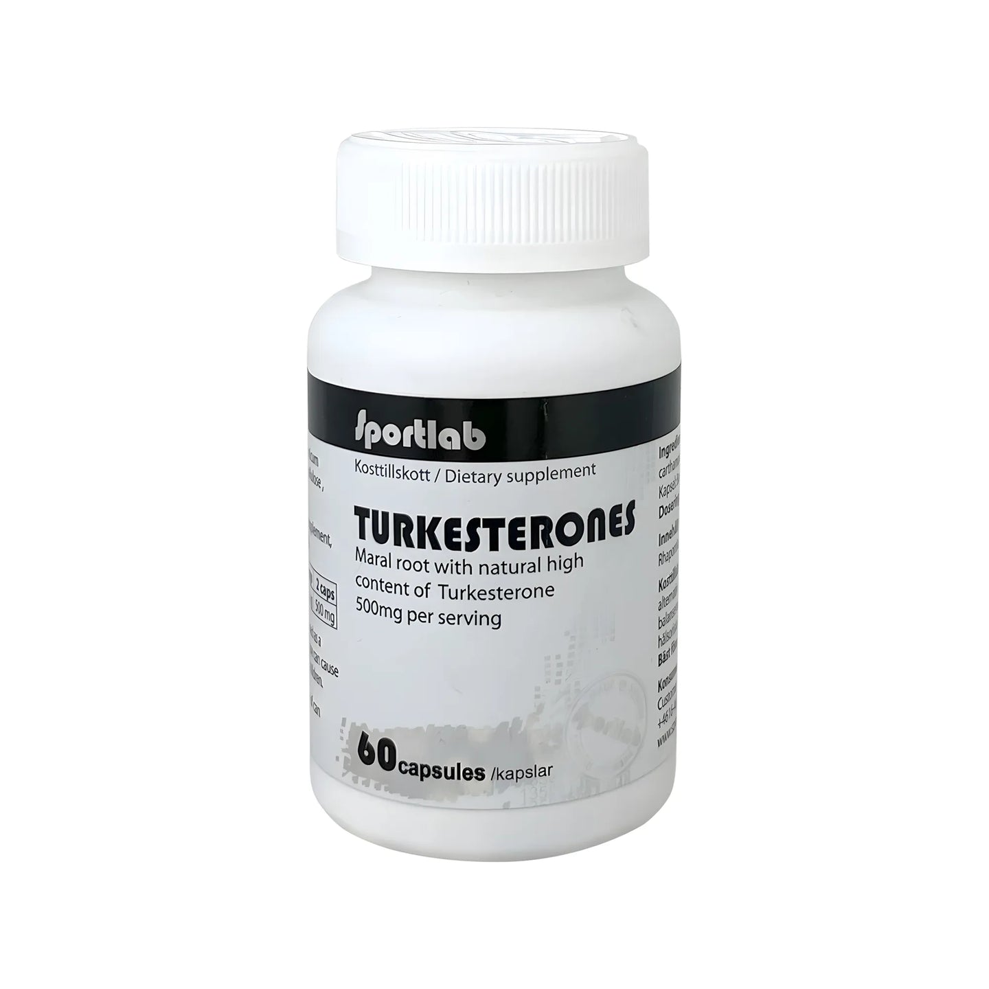 Sportlab Turkesterone 60 caps -ravintolisä valkoisessa purkissa mustilla yksityiskohdilla.