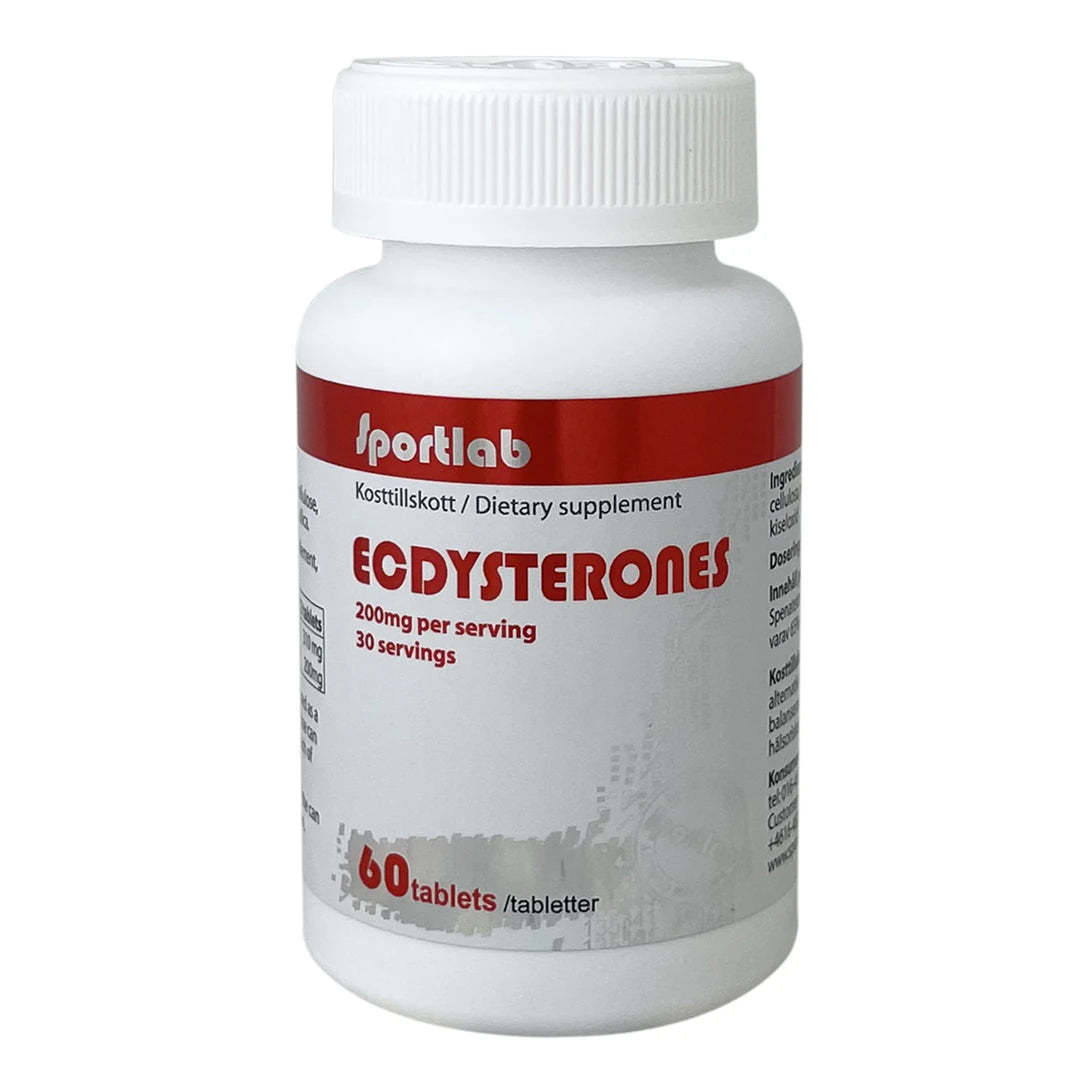 Sportlab Ecdysterone 60 tabs -ravintolisä valkoisessa muovipurkissa, jossa on punaisia yksityiskohtia.