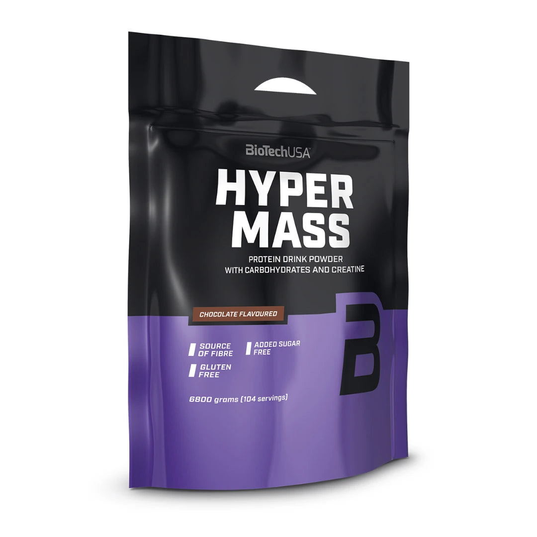 BioTechUSA Hyper Mass 6.8 kg -massanlisääjäjauhe mustassa ja liilassa pussissa, makuna suklaa.