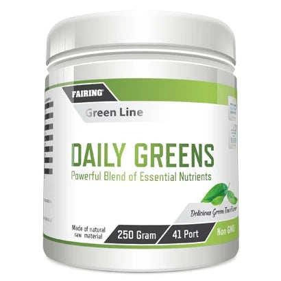 Fairing Daily Greens 250 g -ravintolisä valkoisessa muovipurkissa vihreillä yksityiskohdilla, makuna Delicious Green Tea.
