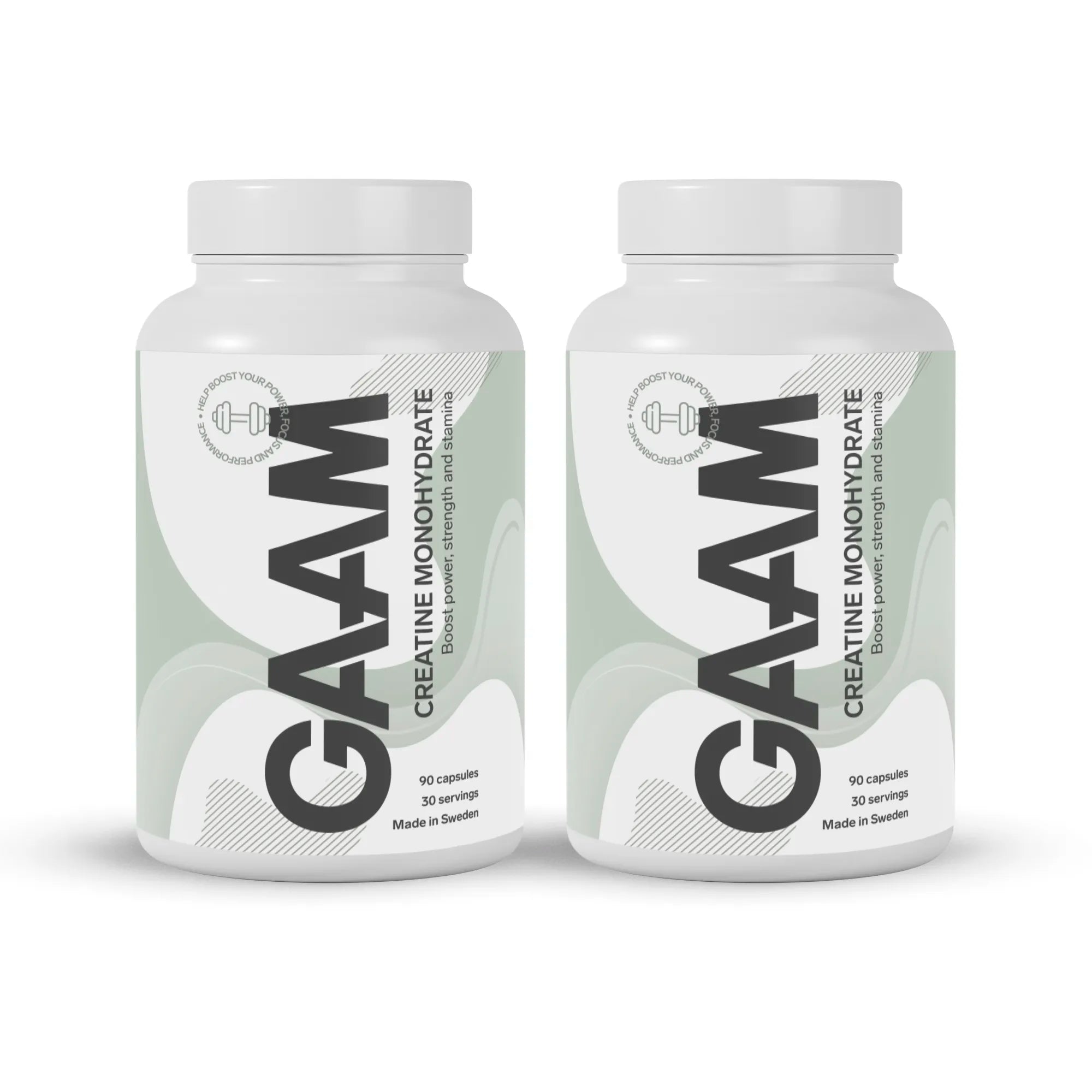 2 x GAAM Creatine Monohydrate 90 caps valkoisissa purkeissa, joissa on harmaita ja vihreitä yksityiskohtia.