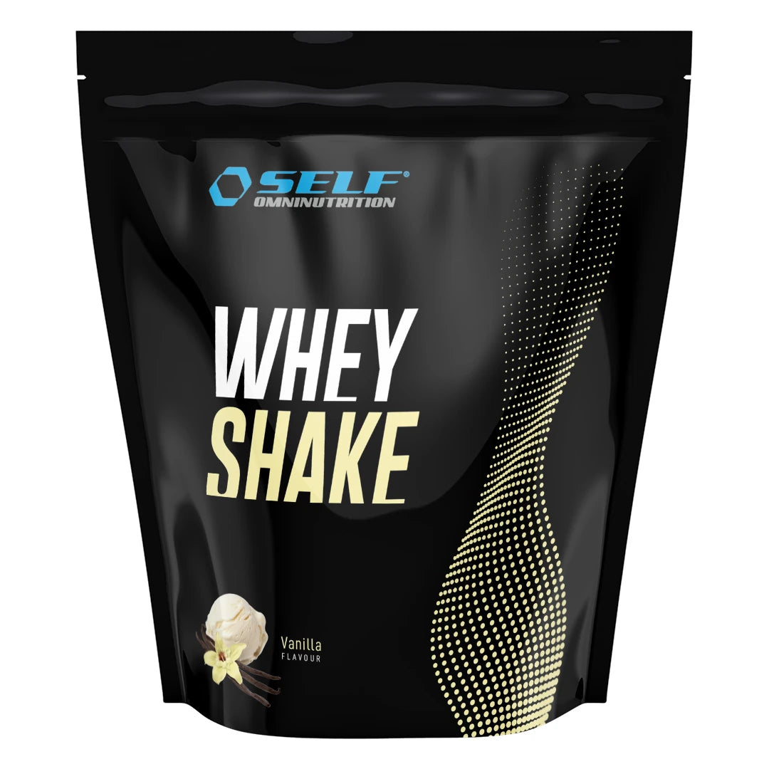 Self Omninutrition Whey Shake 1 kg -proteiinijauhe mustassa pussissa, makuna Vanilla.