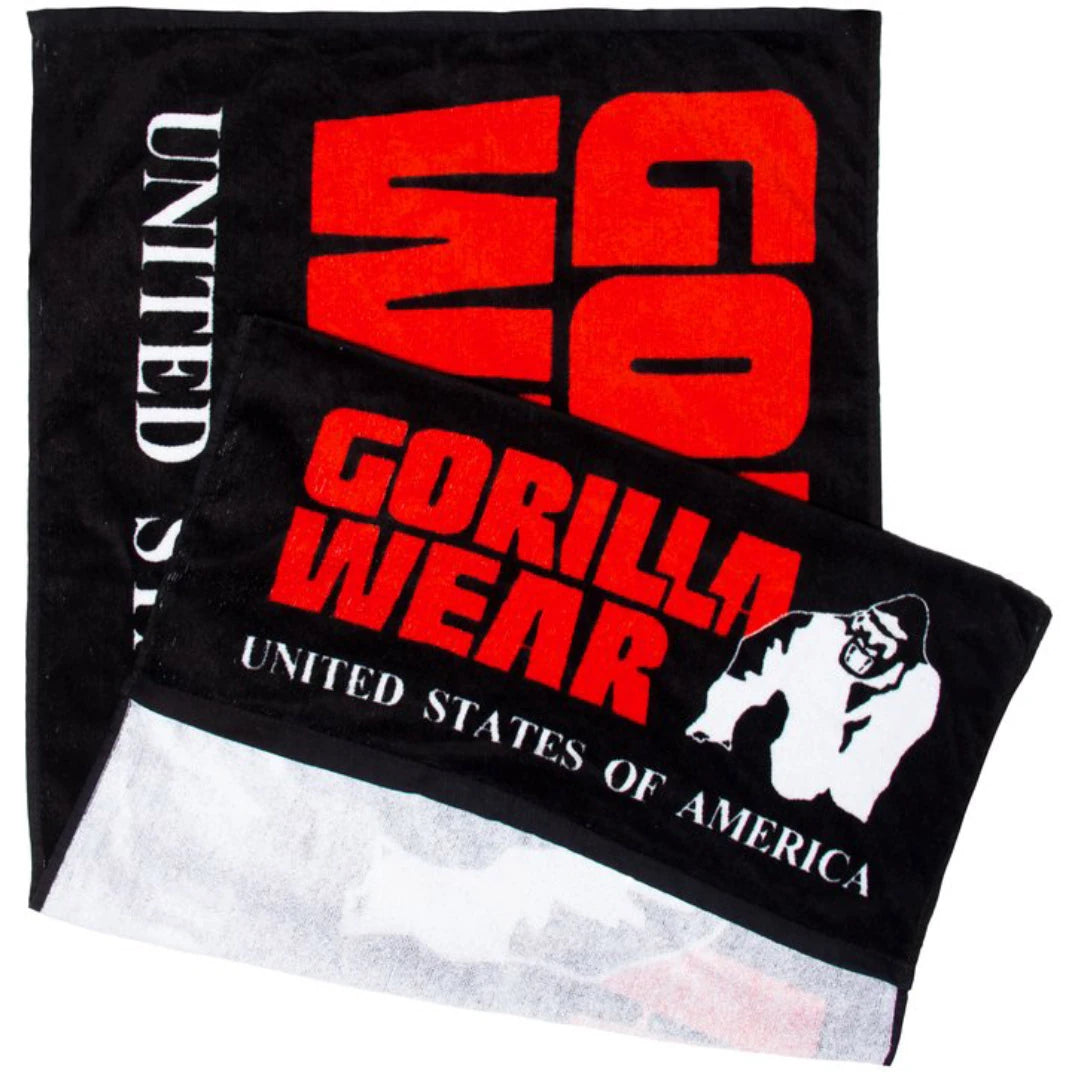 Musta puuvillafroteinen Gorilla Wear Functional Gym Towel Black & Red -kuntosalipyyhe punaisella painatuksella.